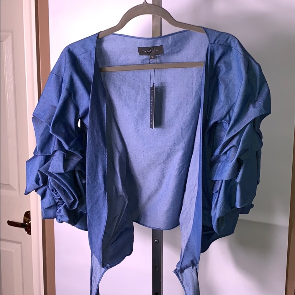 Wrap With Ruffles Denim Blouse